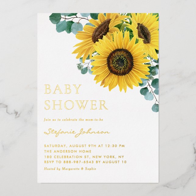 Watercolor Eucalyptus and Sunflowers Baby Shower Foil Invitation (Front)