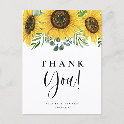 Watercolor Eucalyptus and Sunflowers Thank You Postcard