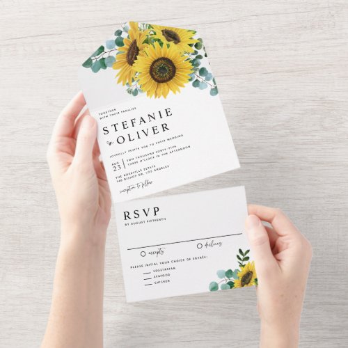 Watercolor Eucalyptus and Sunflowers Wedding All In One Invitation