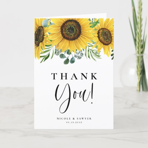 Watercolor Eucalyptus and Sunflowers Wedding Thank You Card