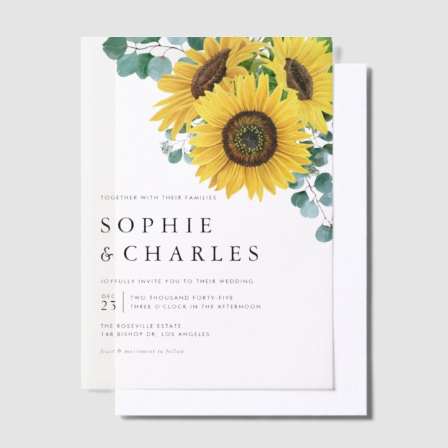 Watercolor Eucalyptus and Sunflowers Wedding Vellum Invitations (Offset)