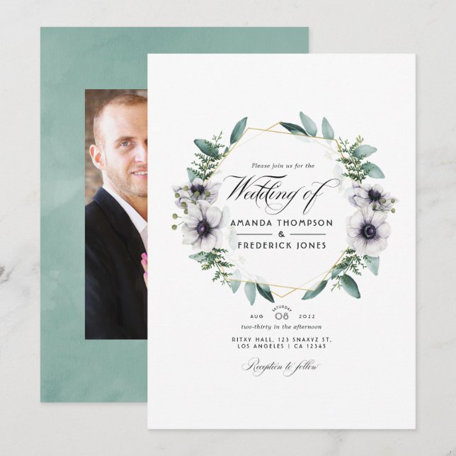 Watercolor Eucalyptus Anemone Geometric Wedding Invitation (Front/Back)
