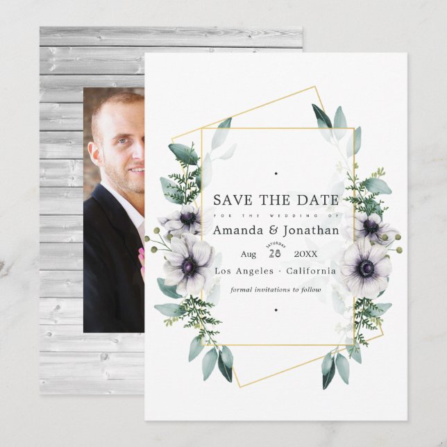 Watercolor Eucalyptus Anemone Geometric Wedding Save The Date (Front/Back)
