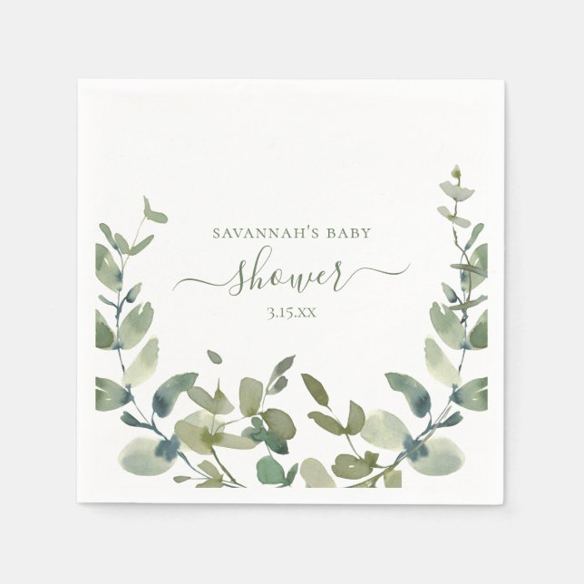 Watercolor Eucalyptus Baby Shower Napkins (Front)