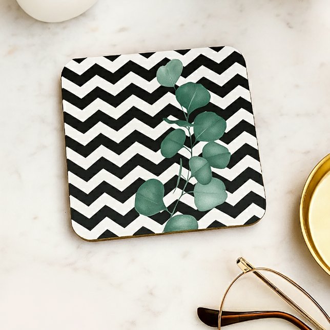 Watercolor Eucalyptus Black White Chevron Beverage Coaster (Watercolor Eucalyptus Black White Chevron Beverage Coaster)