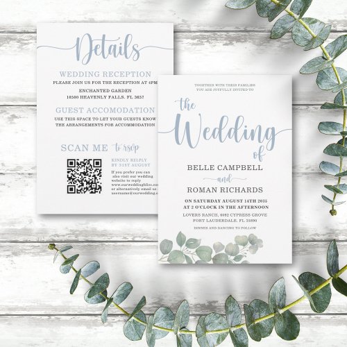 Watercolor Eucalyptus Blue All_in one Wedding Invitation