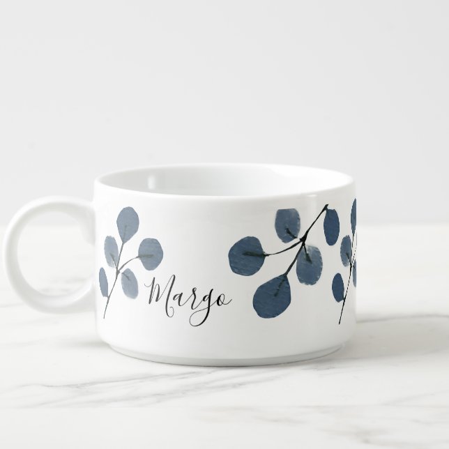 Watercolor Eucalyptus Blue Botanical Hand Painted  Bowl (Right)