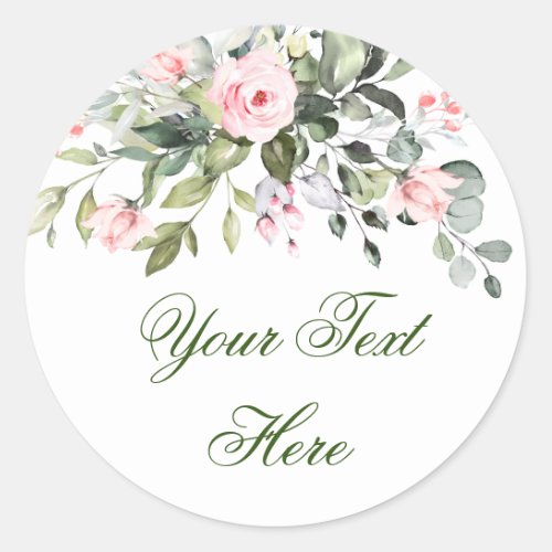 Watercolor Eucalyptus Blush Pink Roses Greenery Classic Round Sticker
