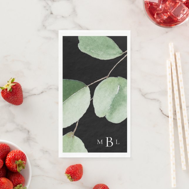 Watercolor Eucalyptus Bold Monogram Black Paper Guest Towels (Insitu)