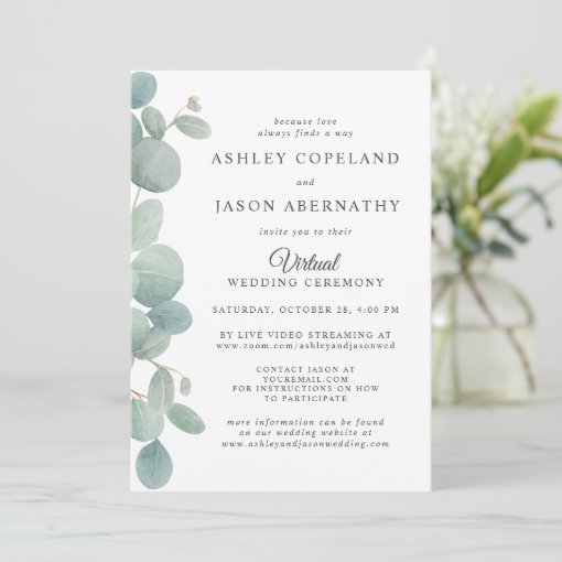 Watercolor Eucalyptus Border Virtual Wedding Invitation | Zazzle