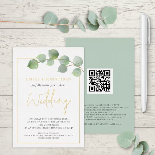 Watercolor Eucalyptus Border Wedding Gold Real  Foil Invitation