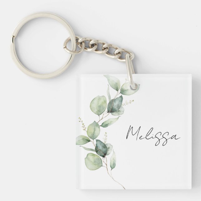 Watercolor Eucalyptus Botanical Custom Keychain (Front)