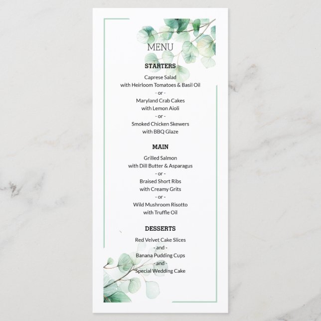 Watercolor Eucalyptus Botanical Dining Wedding Menu (Front)
