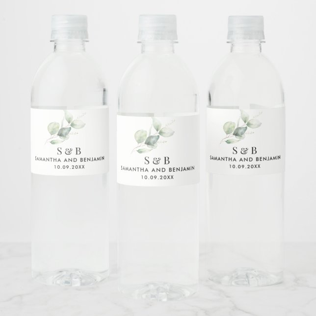 Watercolor Eucalyptus Botanical Minimal Wedding Water Bottle Label (Bottles)