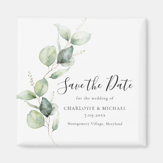 Watercolor Eucalyptus Botanical Save the Date Magnet (Front)