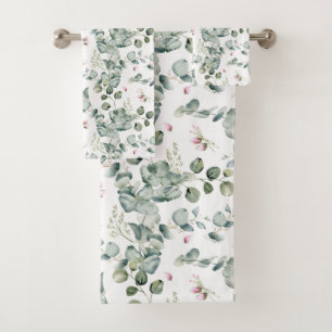 Watercolor Eucalyptus Botanical Seamless Pattern Bath Towel Set