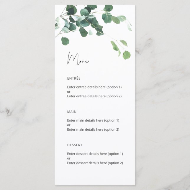 Watercolor Eucalyptus Botanical Wedding Menu (Front)