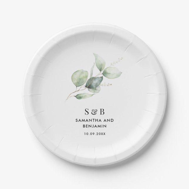 Watercolor Eucalyptus Botanical Wedding Reception Paper Plates (Front)