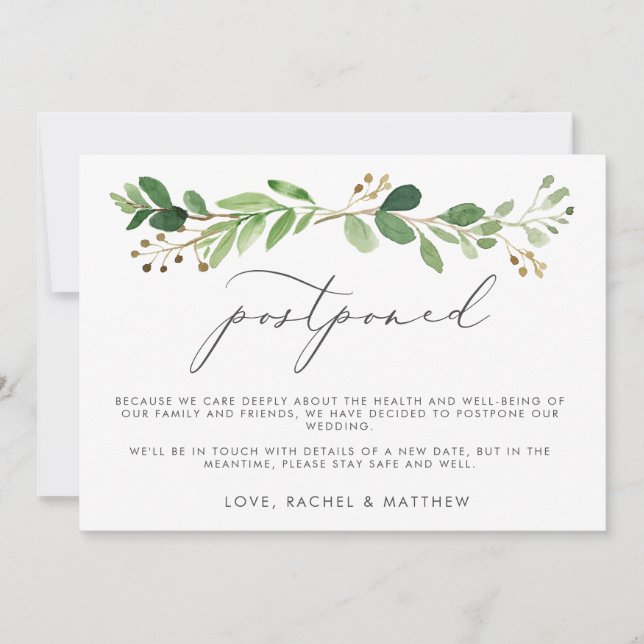 Watercolor Eucalyptus Bough Postponed Wedding Announcement (Front)