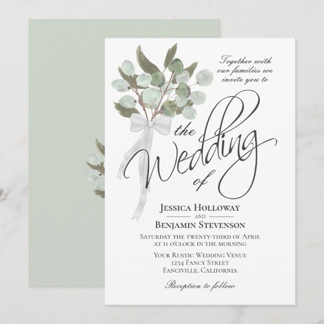 Watercolor Eucalyptus Bouquet Rustic Boho Wedding Invitation (Front/Back)