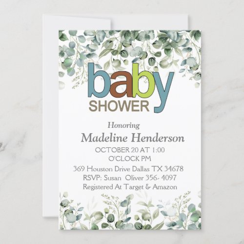Watercolor Eucalyptus Branch Baby Shower Invitation
