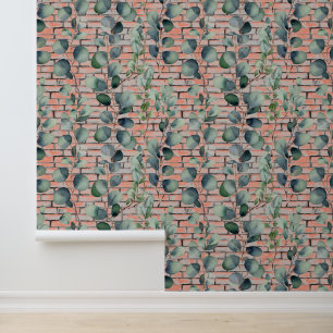 Watercolor Eucalyptus Branch Brick Leaves Greenery Wallpaper