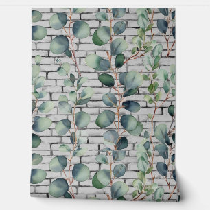 Watercolor Eucalyptus Brick Leaf Branches Greenery Wallpaper