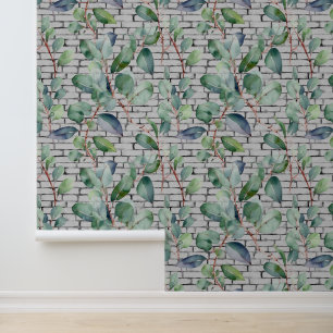 Watercolor Eucalyptus Brick Leaves Greenery Garden Wallpaper