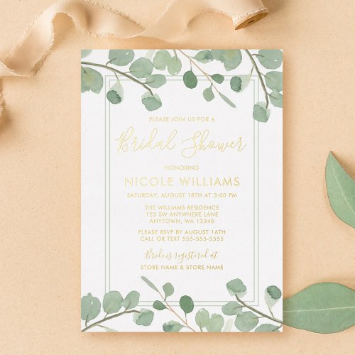 Watercolor Eucalyptus Bridal Shower Gold Foil Invitation
