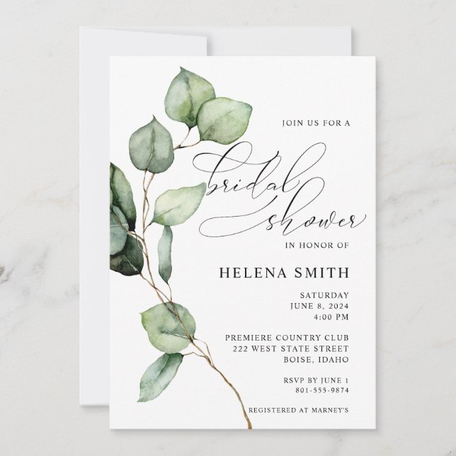 Watercolor Eucalyptus Bridal Shower Invitation (Front)