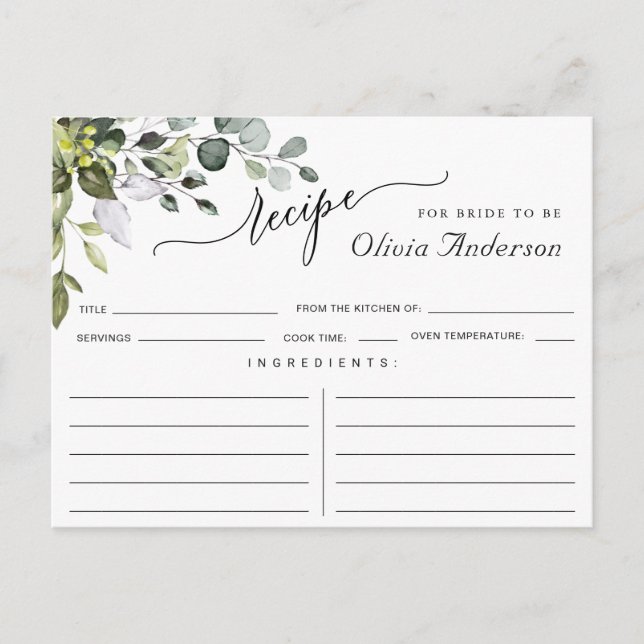 Watercolor Eucalyptus Bridal Shower Recipe Card (Front)