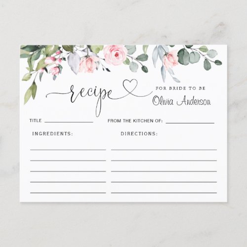 Watercolor Eucalyptus Bridal Shower Recipe Card