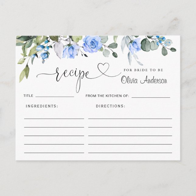 Watercolor Eucalyptus Bridal Shower Recipe Card (Front)