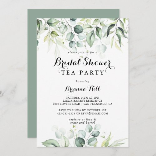 Watercolor Eucalyptus Bridal Shower Tea Party  Invitation