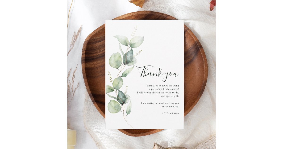 Watercolor Eucalyptus Bridal Shower Thank You Card | Zazzle