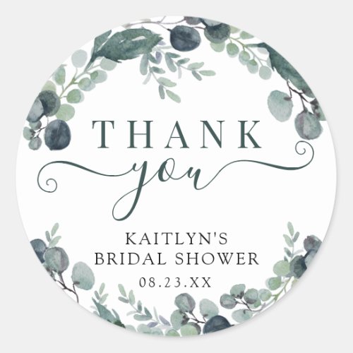 Watercolor Eucalyptus Bridal Shower Thank You Classic Round Sticker