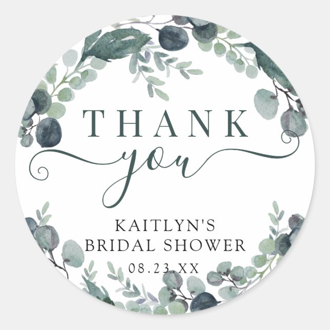 Watercolor Eucalyptus Bridal Shower Thank You Classic Round Sticker (Front)