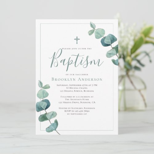 Watercolor Eucalyptus Cross Baptism Invitation