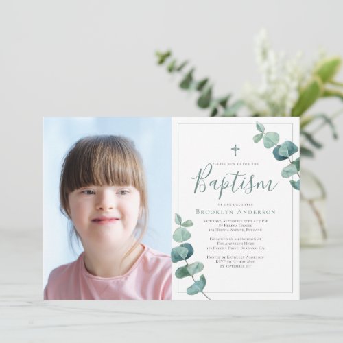 Watercolor Eucalyptus Cross Photo Baptism Invitation