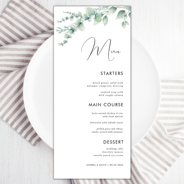 Watercolor Eucalyptus Delicate Calligraphy Wedding Menu (Creator Uploaded)