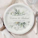 Watercolor Eucalyptus Elegant Botanical Wedding Paper Plates<br><div class="desc">Exquisite artistry meets timeless elegance. These personalized wedding plates showcase a hand-painted watercolor design of eucalyptus greenery, adding a touch of nature's grace to your celebration. Customize them with the names of the bride and groom, along with your wedding date, for a truly bespoke touch. Crafted for effortless cleanup, these...</div>