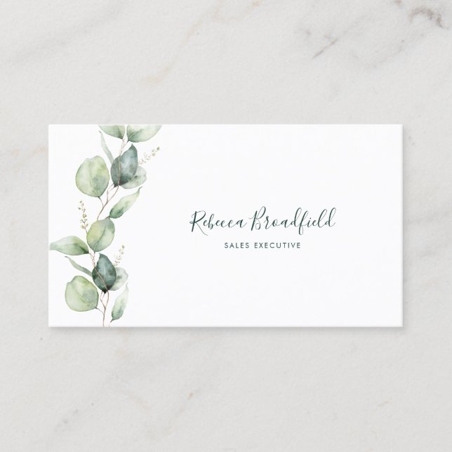Watercolor Eucalyptus Elegant Script Business Card (Front)