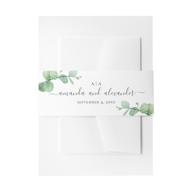 Watercolor eucalyptus. Elegant script wedding Invitation Belly Band (Front Example)