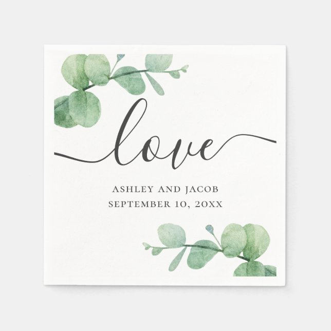 Watercolor eucalyptus. Elegant script wedding Napkins (Front)