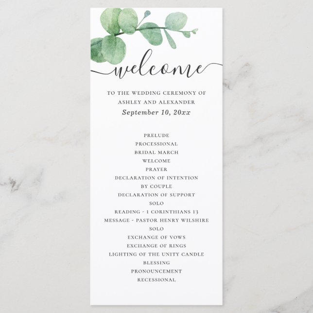 Watercolor eucalyptus. Elegant script wedding Program (Front)