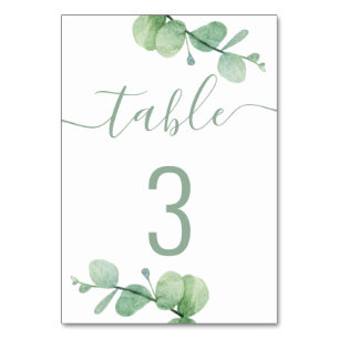Watercolor eucalyptus. Elegant script wedding Table Number