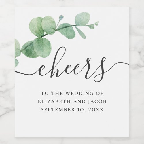 Watercolor eucalyptus Elegant script wedding Wine Label
