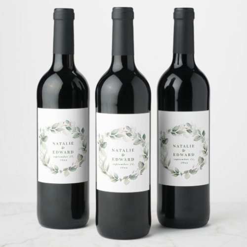 Watercolor eucalyptus elegant wedding party favor wine label