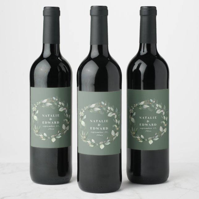 Watercolor eucalyptus elegant wedding party favor  wine label (Bottles)