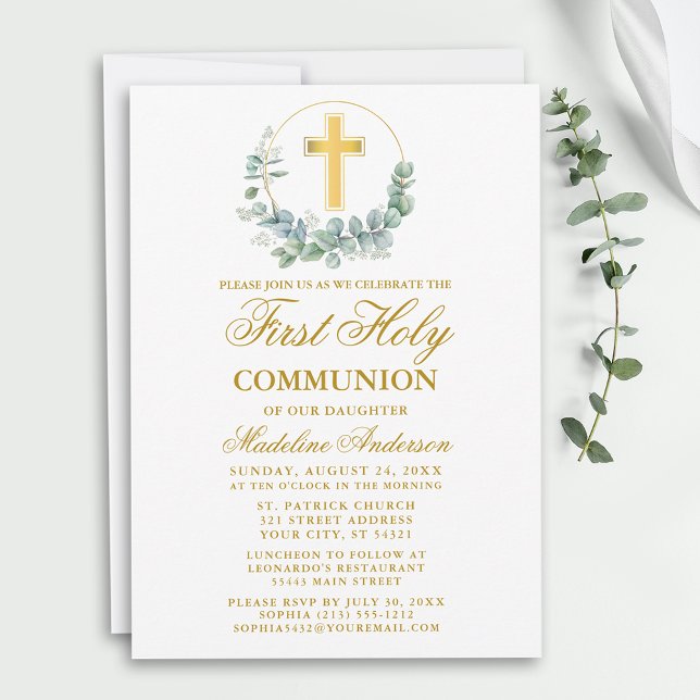 Watercolor Eucalyptus First Communion Gold Invitation (Customize to change text size, style, color or to add more text or photos to back of card.)